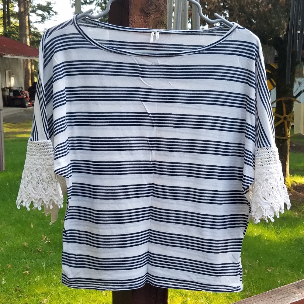 Madigan Striped & Crocheted Lace Sleeve Detail CROP Top - XS